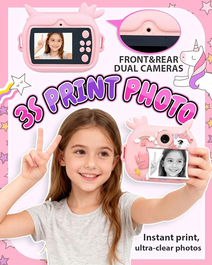 Kids Camera Instant Print, 1080P Kids Instant Cameras with Photo Printing and Fun Learning, Christmas Stuffers Birthday Gifts for Girls Age 3-12, Portable Toy for 3 4 5 6 7 8 9 10 Girls Boys, Pink