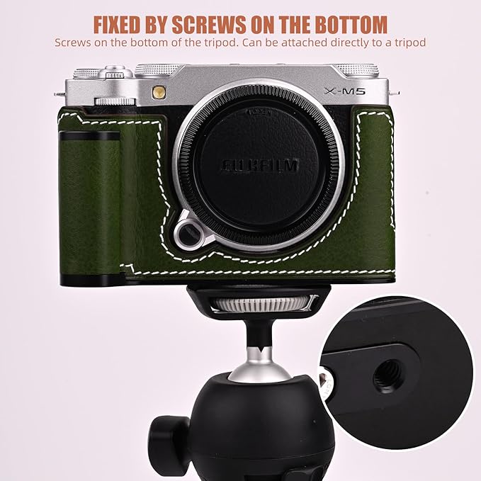 Uchandmade Handmade Genuine Leather Camera Half Case for Fujifilm X-M5/Fujifilm X-M5 Camera Case/Fujifilm X-M5 Case - Top Layer Cowhide Body + Metal Base Plate+ Hand Shank Design (Green M-BOX)