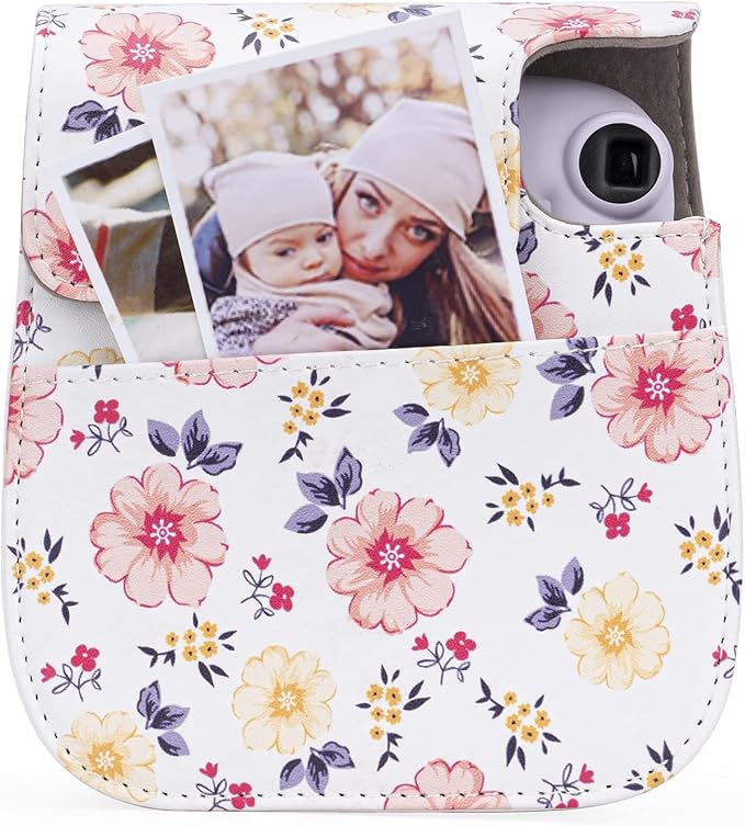 Frankmate Protective Case Compatible with Fujifilm Instax Mini 12 11 9 8 Instant Film Camera with Pocket and Adjustable Strap (Flowers White)