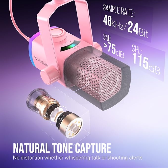 FIFINE XLR/USB Gaming Microphone Kit with Boom Arm Stand, RGB Streaming Mic for Computer Compatible with PC/PS4/PS5, Podcast Mic Set with Headphone Jack, Volume Knob, Mute-AmpliGame AM8PROT Pink