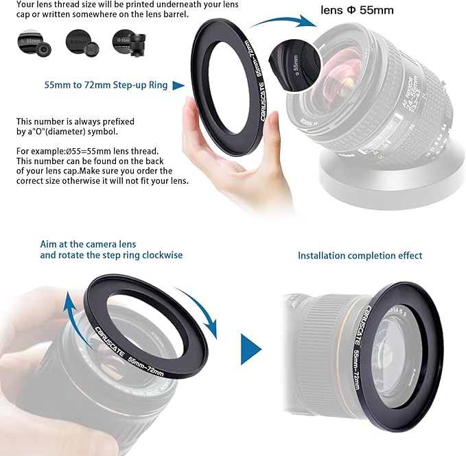 10Pcs 55mm Filter Ring Adapter Set,Metal Step-Up Ring for All Brands UV ND CPL (55-40.5mm,55-46mm,55-49mm,55-52mm,55-58mm,55-62mm,55-67mm,55-72mm,55-77mm,55-82mm)