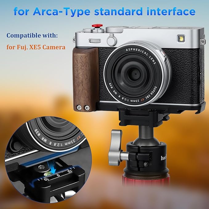 Haoge X-E5 Grip Wooden Side Handle for Fujifilm XE5 Camera - L-Shape Retro Premium Wood Grip with Quick Release Plate, Extra Tripod 1/4 Hole & Hot Shoe Hole Black HG-XE5-B