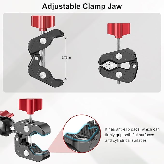 Camera Mount Super Clamp, Double Ballhead Magic Arm Clamp for GoPrO/Pocket 3 /lnsta360 X3 X4 /DSLR/Monitor/LED Light/Flash/Microphone,360°Rotating & 1/4”Screw & CNC Ebike Handlebar Clip Kit, JC008