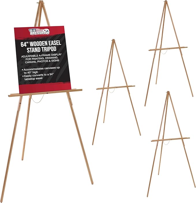 U.S. Art Supply 64" Wooden Easel Stand (4 Pack) - Adjustable A-Frame Tripod for Painting, Drawing, Photos & Signs - Lightweight Easels, Wood Easel Stand for Sign Wedding Display 40" Canvas Capacity