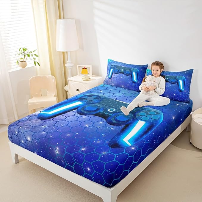 Gamer Sheet Sets for Boys King Size Video Games Gaming Bedding Set Blue Honeycomb Hexagon Print Fitted Sheet 3 Pcs Soft Microfiber All Season Machine Washable Flat Sheet with 2 Pillowcases