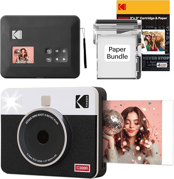KODAK Mini Shot 3 Retro 4PASS 2-in-1 Instant Digital Camera and Photo Printer (3x3 inches) Initial 8 Sheets + 30 Sheets Cartridge Bundle, White