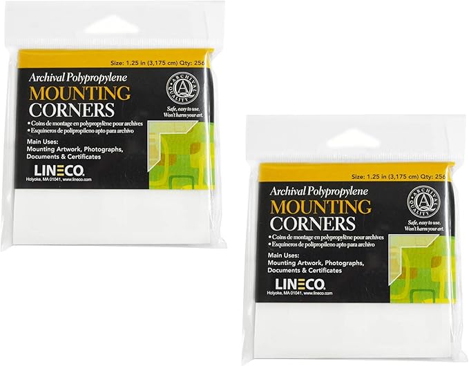 Lineco, Archival Polypropylene Mounting Corners, Self Adhesive, Pressure Sensitive, Non-Yellowing Acid-Free, 1.25 Inches, Mount Artwork Photographs DIY (Pack of 250, Set of 2) Clear