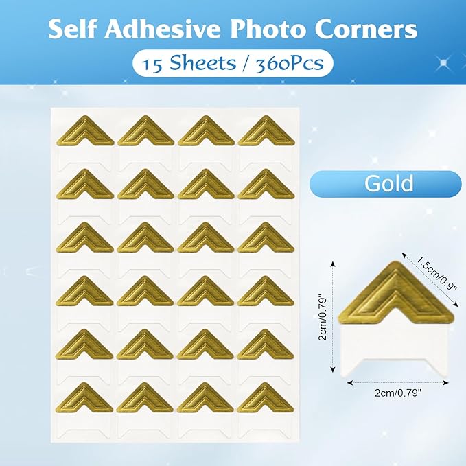 GOONAVI 15 Sheets 360 Pcs Acid-Free Photo Corners, Self-Adhesive Mounting for Wedding Scrapbook Supplies, DIY Photo Album, Journal, Guest Book, Memory Book (Gold)