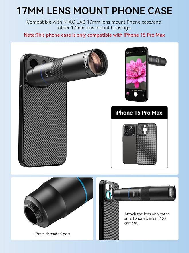 MIAO LAB HD 10X Telephoto Lens & 200mm Macro Lens, 2-in-1 Aluminum Phone Camera Lens Kit with 17mm Lens Thread Interface Mobile Phone case. Phone Lens Attachment Fit for iPhone 15 Pro Max