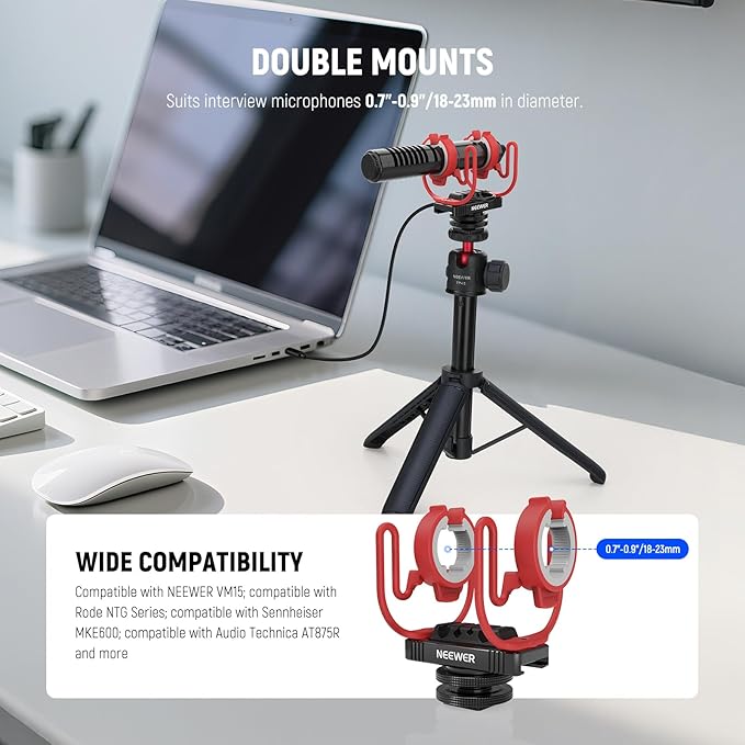 NEEWER Microphone Shock Mount with Cold Shoe, 1/4" Thread for Camera Cages, Boom Arm Pole Stands, Tripods, Mic Holder Compatible with VM15 Rode NTG Series Sennheiser MKE600 Audio Technica AT875R, MH1