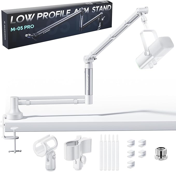 Low Profile Mic Arm, 360° Rotatable Microphone Boom Arm Mic Stand for Fifine AM8 K669B Blue Yeti HyperX shure sm7b SoloCast AT2020, with Mic Clip 3/8" to 5/8", White
