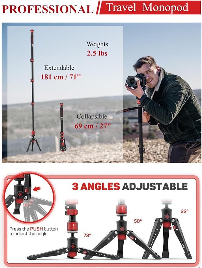 IFOOTAGE 71" Carbon Fiber Monopod Cobra 3 C180F, Camera Monopod Lightweight for Travel, Professional Video Mono pod with Tripod Base, Max Load 10KG