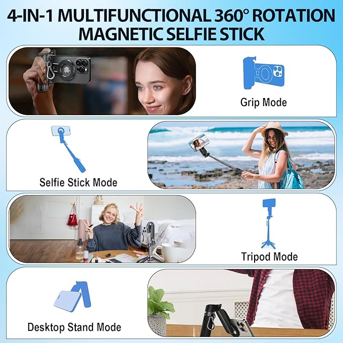 4-in-1 Multifunctional Magnetic Selfie Stick,Portable Pocket Size Selfie Stick for iPhone Magsafe,360° Rotation Phone Tripod with Wireless Remote for iPhone & Android