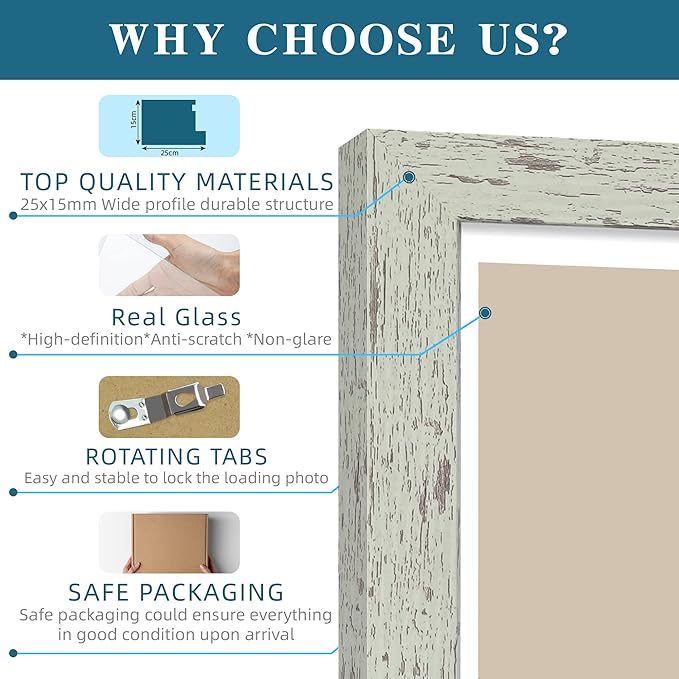 5x7 Picture Frame Set of 4, Made of Real Glass and Sage Green Wooden Frame, 5 by 7 Photo for Wall or Tabletop - Display Picture 4x6 with Mat or 5x7 Without Mat