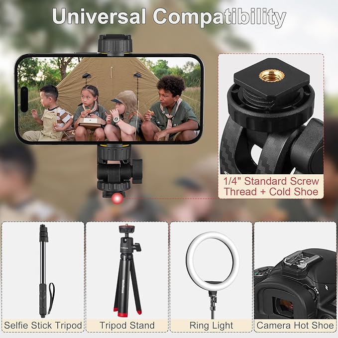 Phone Tripod Mount, Universal Tripod Phone Holder with 2 Cold Shoe and 1/4" Screw, 360° Rotates and 180° Tilts Adjustable Cell Phone Mount Adapter, Camera Phone Clamp for iPhone & All Phones