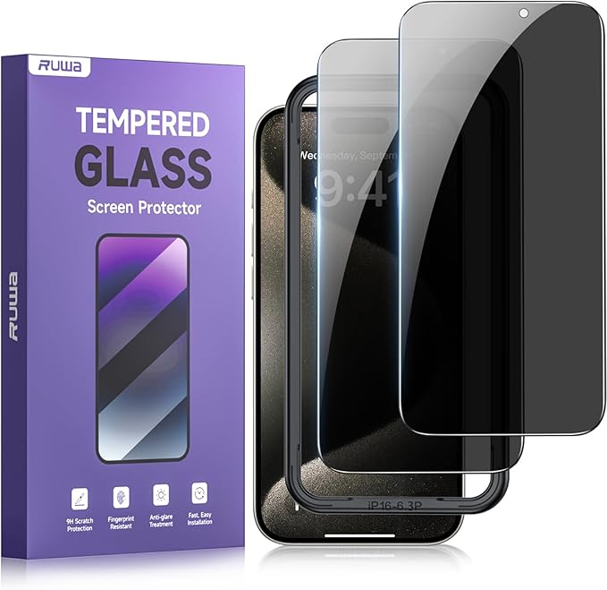 ruwa Privacy Screen Protector for iPhone 16 Pro [2-Pack] Anti-Peep Tempered Glass Film with Easy Installation Frame