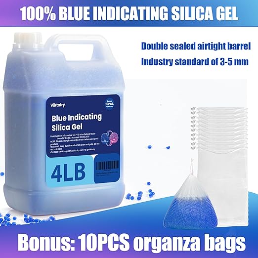 4LBS Desiccant Beads, Premium Blue Indicating Reusable Silica Gel Beads Bulk, Industry Standard 3-5 mm Desiccant Dehumidifier for 3D Filament, Electronic Devices, Camera, Documents, Safe (10PCS Bags