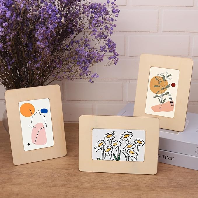kukmakri 35 PCS Unfinished Wooden Picture Frames Set with 3.54 x 5.12 inch Photos, Wooden Frames for Crafts, Standing Postcard & Photos Picture Frame Set-Suitable for Crafts DIY, Souvenir Decoration