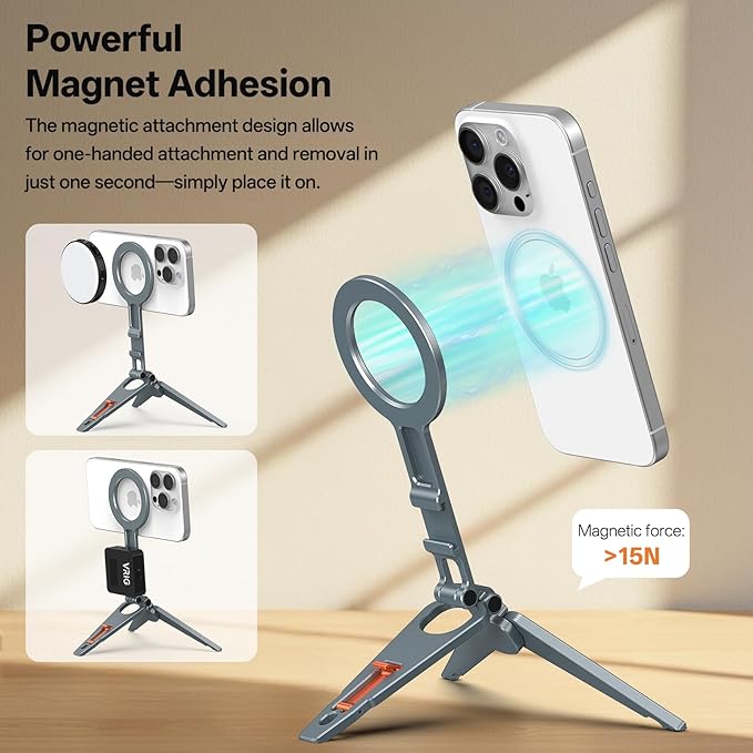 VRIG MG-34 Magnetic Phone Tripod Stand for iPhone, Aluminium Alloy Foldable Phone Stand for Desk/Handheld, 1/4'' Screw Hole, Cold Shoe Mount and Hook, Compatible with iPhone 17 16 15 14 13 12 Series