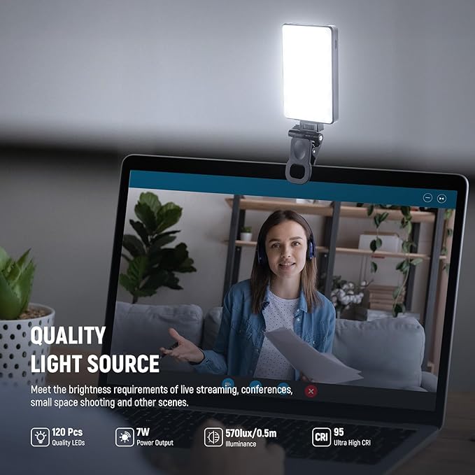 NEEWER Basics LED Selfie Phone Light, Rechargeable 2500-9000K Clip On Fill Light, Color Films/Diffuser/3000mAh, CRI95+ Dimmable Video Conference Lighting for iPhone Camera Laptop Zoom Call, BL120B