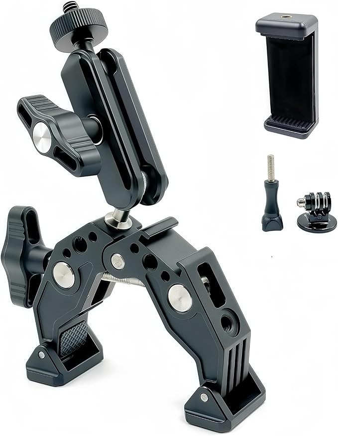 Super Clamp with 3‘’ 360° Dual Ballhead Magic Arm, Cold Shoe 1/4” Threads Mount Adapter for Phone Action Camera Desk Tripod, Tube, Gimbal, Crossbar, Compatible with SmallRig, GoPro, DJI ST83, 13-65MM