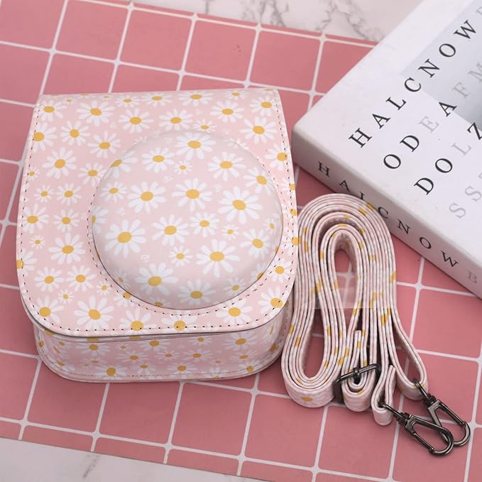 Frankmate Protective Case Compatible with Fujifilm Instax Mini 12 11 9 8 Instant Film Camera with Pocket and Adjustable Strap (Pink Daisy)