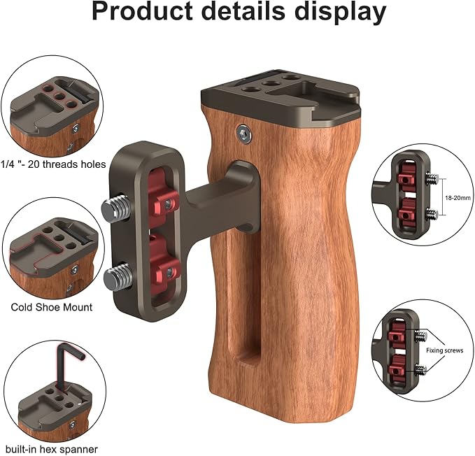 Poyinco Wooden Mini Handle Side Handgrip with 1/4"-20 Screws for Digital Camera DSLR Camera Cage with Cold Shoe Mount Built-in Wrench can Up and Down Adjustable - Bronze
