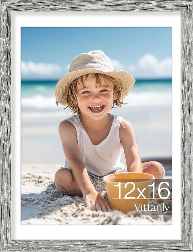 Vittanly 12x16 Picture Frame, Made of Solid Wood and Shatterproof Plexiglass, Display Pictures 11x14 with Mat or 12x16 without Mat, Wooden Photo Frame for Wall Mounting, Grey, 1 Pack