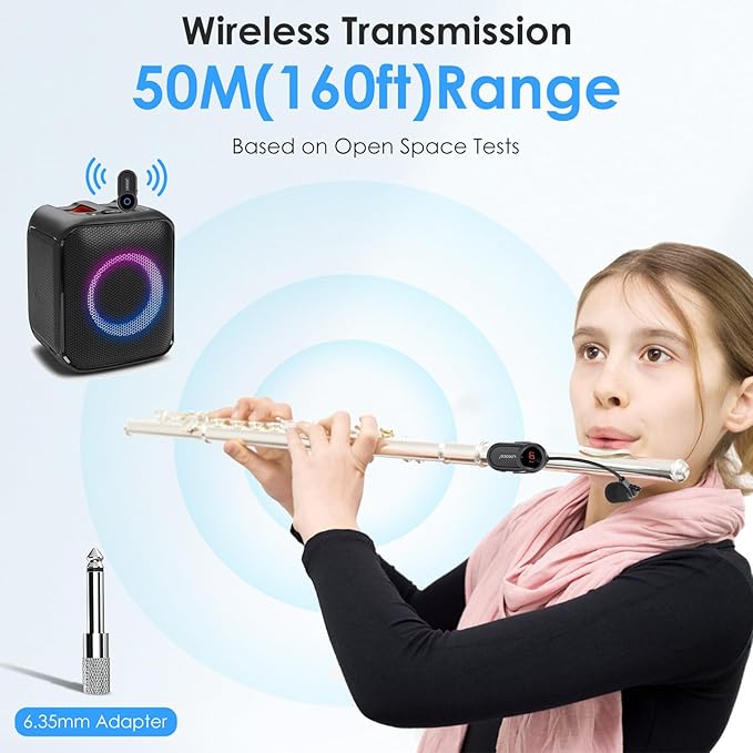 Lococo UHF Wireless Flute Microphone System: Wind Music Instruments Microphone Receiver and Transmitter, 160ft Range with Digital Screen, for Flute, Piccolo, Clarinet