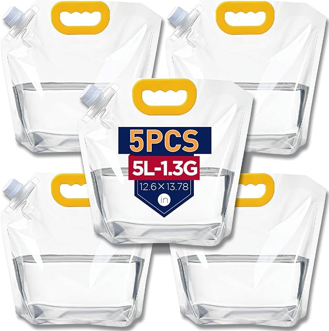 Collapsible Water Container Bag 5Pcs 1.3 Gallon, Freezable Plastic Foldable water Pouch Bag with Handles,Leak-Proof Plastic Storage Jug for Outdoor Sport Camping Emergency Survival