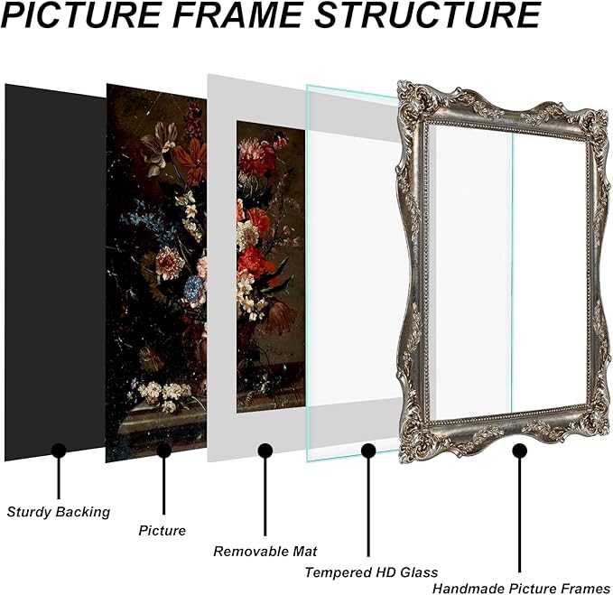Silver Ornate 11x14 Picture Frame with Mat for 8x10 or 11x14 Photos, Real Glass, Vintage Baroque Victorian Frames for Wall Display