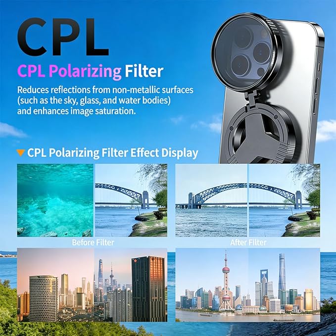 Anti-Glare Magnetic Phone Filter, 2026 Upgraded 52 Mm Magnetic Cpl Filter, Compatible with iPhone and Android Devices, Includes a Adapter Ring and Clip Mount, Reduces Reflections Enhances Colors