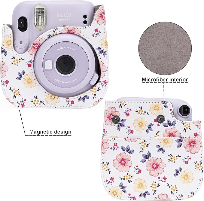 Frankmate Protective Case Compatible with Fujifilm Instax Mini 12 11 9 8 Instant Film Camera with Pocket and Adjustable Strap (Flowers White)