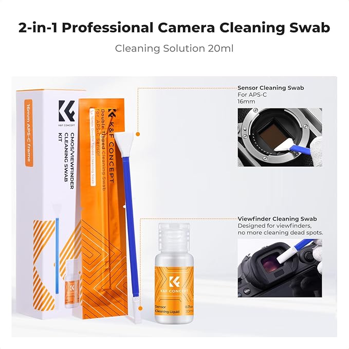 K&F CONCEPT 2-1 16mm APS-C Frame Sensor Cleaning Swab, Viewfinder Cleaning Swab, with 20ml Sensor Cleaner, DSLR Camera CMOS and CCD Sensor Cleaning Swab Kits Compatible with Nikon Sony Canon Camera