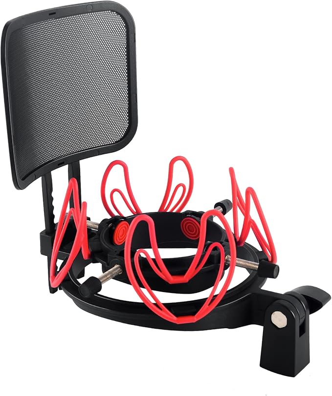 Microphone Shock Mount with Pop Filter Universal Shock Stand for Microphones Size at 21-62mm Anti-Vibration Mic Holder Clip Compatible with AT2020 MXL 990 770 Rode NT1-A Neumann 103(Red)
