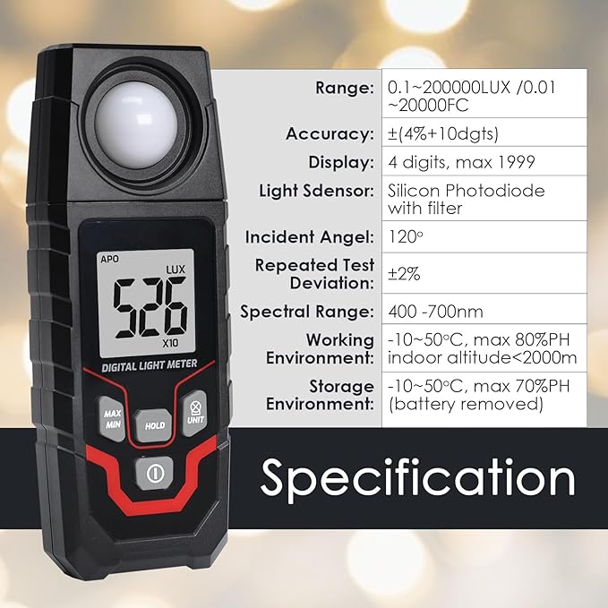 Light Meter Digital Illuminance Meter, Lux/Foot Candles Meter, Range up to 200,000 Lux Handheld Photometer with 4 Digit LCD Display Backlit Light Meter Photography Luxmeter for LED Plants