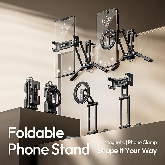 ULANZI SK29 Magnetic Phone Tripod, Foldable Mini Tripod Mount with MagSafe Phone Holder, Aluminium Cell Phone Stand with 1/4”, Arca Uka Base, Travel Vlog Essentials for iPhone 17/16/15/14/13/12