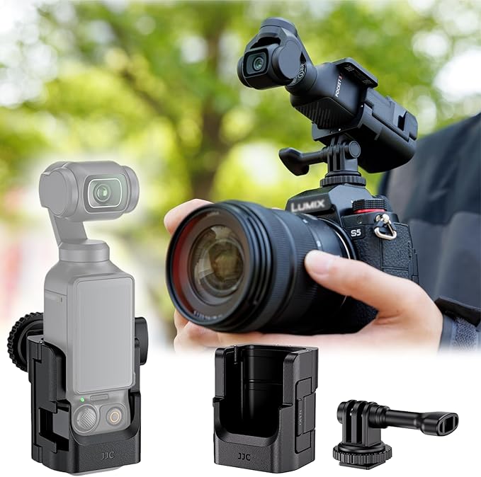 JJC Pocket 3 Cold Shoe Mount for DJI Osmo Pocket 3 & Xtra Muse Accessories, Detachable Expansion Adapter for Tripod & DSLR Hot Shoe, with 1/4" 20 Hole, Folding 2-Fingers, Cold Shoe, Angle Adjustable