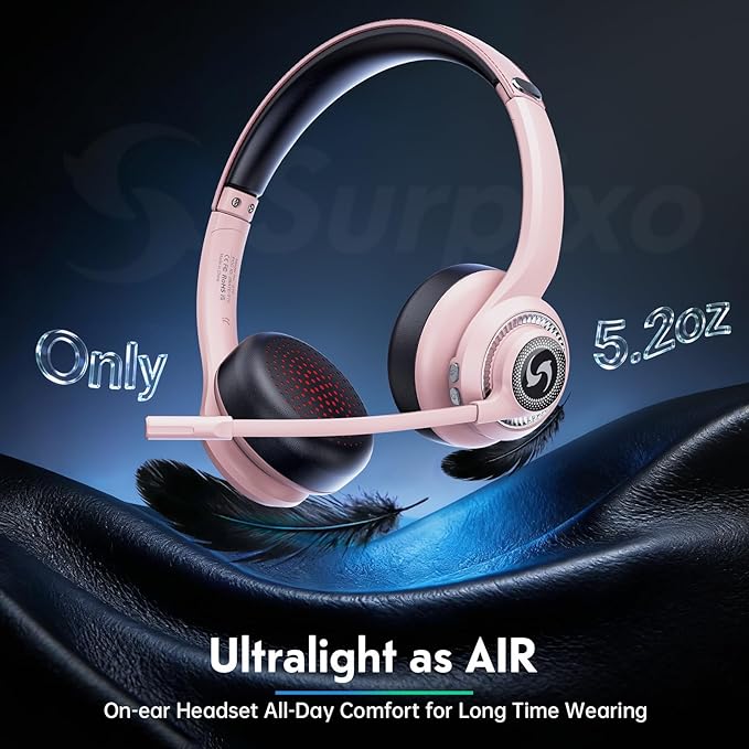 Wireless Headsets with Microphone, Ultra Lightweight& 50+ Playtime, Wireless Headset for Cell Phones, On Ear Bluetooth Headphone Fit for PC/Call Center/Computer/Laptop/Teams - Light Pink