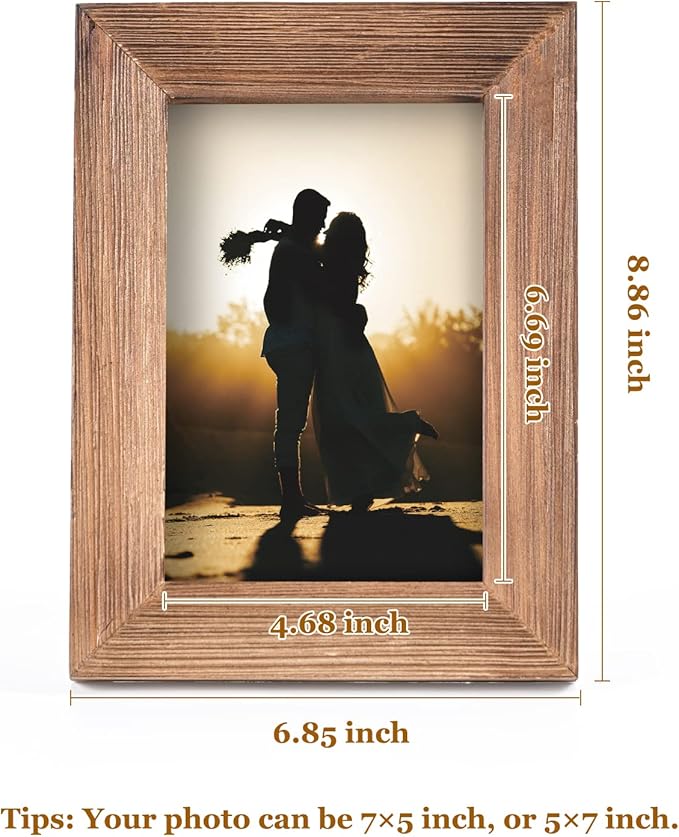 Wooden 5 x 7 Picture Frame Distressed Farmhouse Weathered Rustic Photo Frame Vintage brown Wood Grain & Clear Glass Front Tabletop Display Wall Mounting Wedding Baby Family Portraits Home Office Decor
