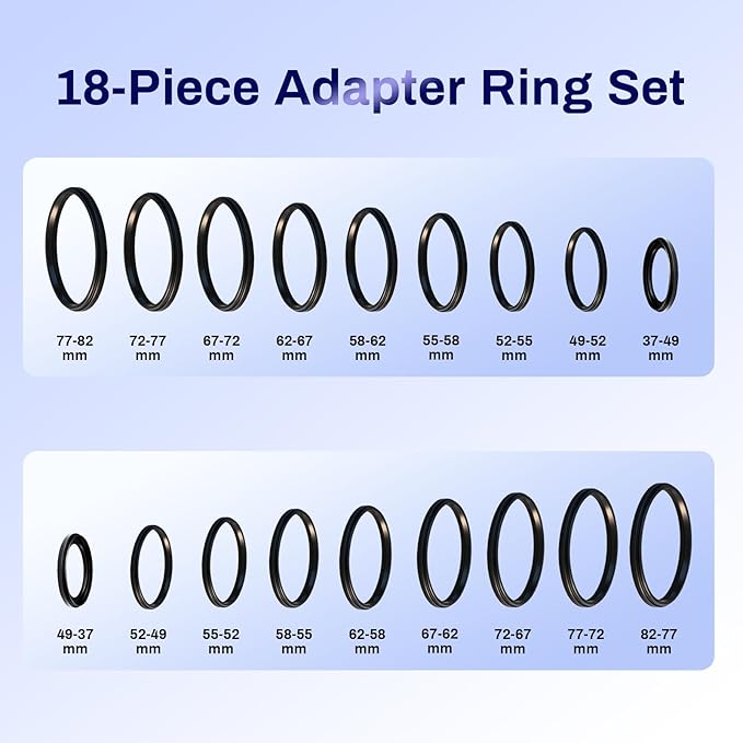 18 PCS Lens Filter Adapter Ring Set, Metal Step Up/Down Ring Adapter Filter Stepping Rings 37 49 52 55 58 62 67 72 77 82mm for DSLR/Digital Cameras & UV/CPL/ND Filters
