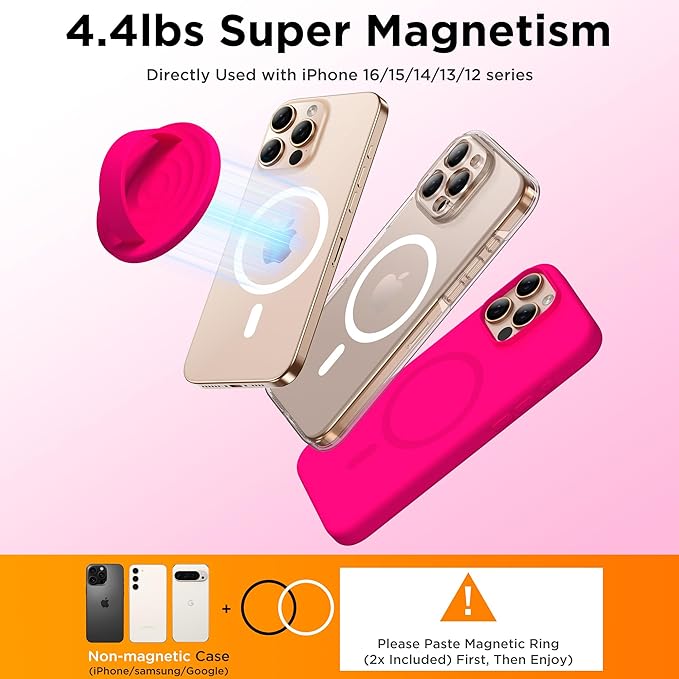 Magnetic Phone Grip Ring Holder, Liquid Silicone Magnet Cell Phone Grip Finger Loop, Compatible with Magsafe, Back of Phone for iPhone 17/16/15/14/13/12 Series, Neon Pink