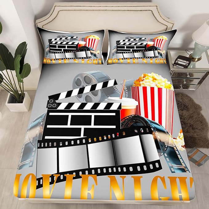 Erosebridal Movie Sheet Set King Home Theater Decor Bed Sheets Set for Boys Girls Family Vintage Cinema Style Sheets Movie Theater Fitted Flat Sheet Clapboard Popcorn Filmstrip Print Bedding Sets