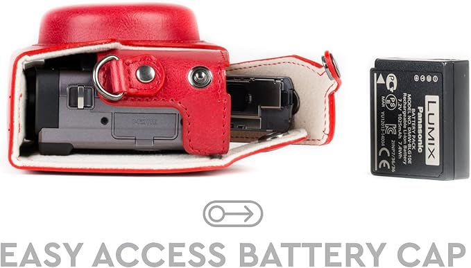 MegaGear MG1262 Ever Ready Leather Camera Case compatible with Panasonic Lumix DC-ZS80, DC-ZS70, DC-TZ95, DC-TZ90 - Red
