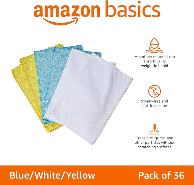 Amazon Basics Microfiber Cleaning Cloths,Ultra Absorbent,Scratch-Free,Highly Absorbent,Non-Abrasive,Reusable and Washable,16" x 12",Blue/White/Yellow,(Pack of 288)