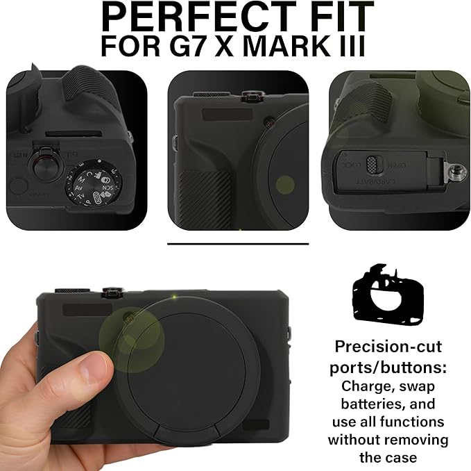 STSEETOP Camera Case for Canon PowerShot G7X Mark III - Protective Silicone DSLR Skin with Lens Cover, Detachable Cage, Shockproof, Dustproof (Black)