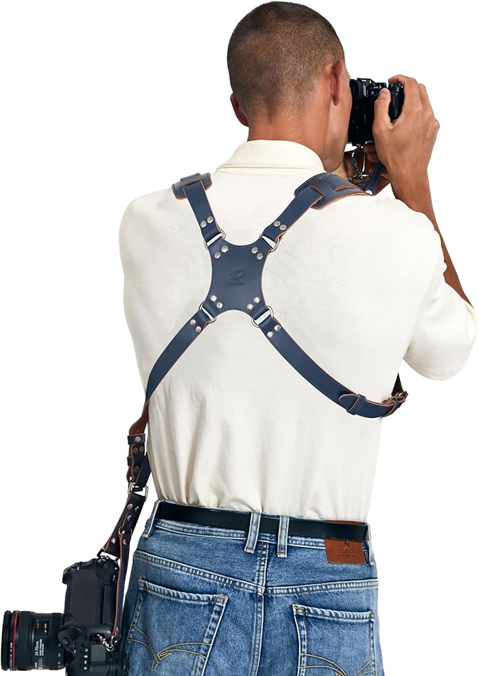 Padwa Lifestyle Blue Dual Camera Harness for Two Cameras - Wide Strap with Thick Shoulder Padded,Full Grain Leather Double Harness,Multi Camera Gear for DSLR Strap for Photographers