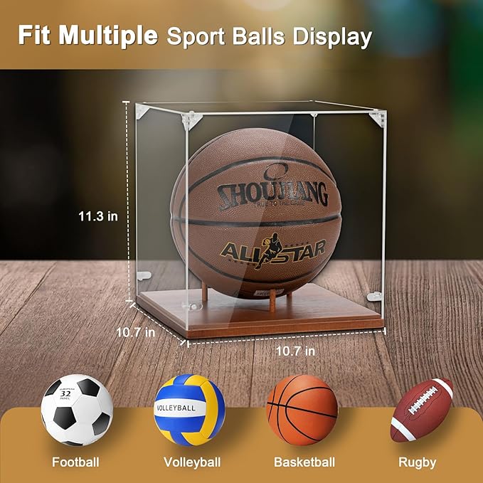 Basketball Display Case, Thickened UV Protection Clear Acrylic Lid Basketball Holder, Wooden Basketball Base Stand for Autographed Ball