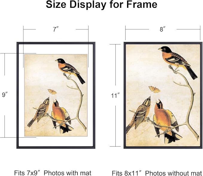 8x11 Picture Frame, Black Aluminum Metal Photo Frames with HD Glass, Fits 7x9 with Mat or 8 x 11 without Mat, Display for Wall and Table