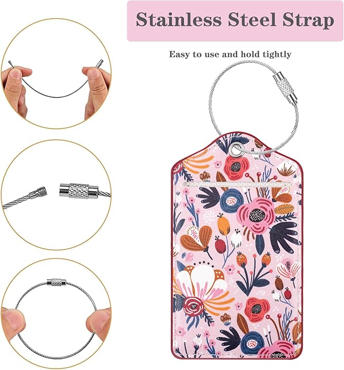 (Set of 2) Luggage Tag Leather Privacy Cover ID Label Address Card with Stainless Steel Loop, Travel Bag Tags Suitcase Labels, Pink Flowers
